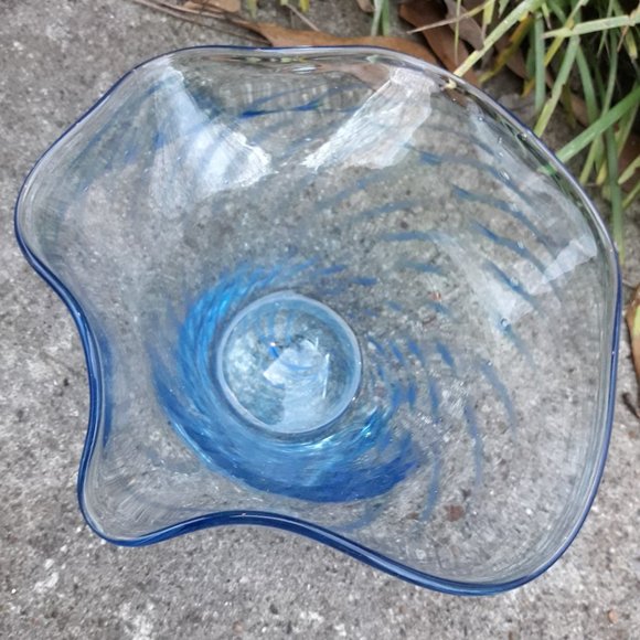 Murano Glass Art Bowl Bubbles Swirls of Blue Glass Clear Signed by Artist italy - Picture 4 of 16